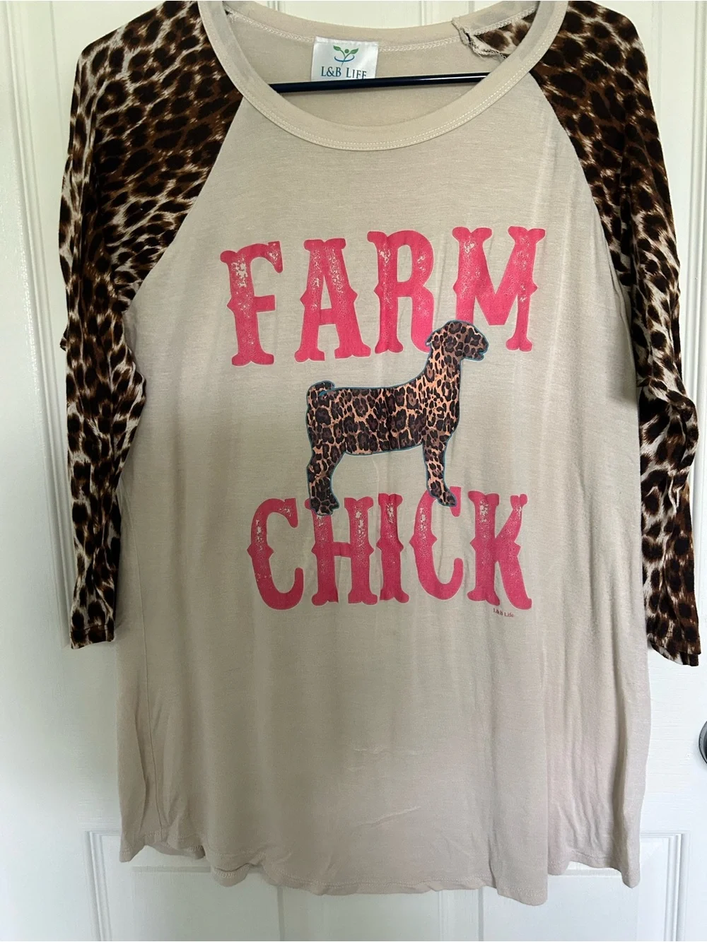 Farm Chick Pink and Leopard Print Raglan Tee| Women’s Large